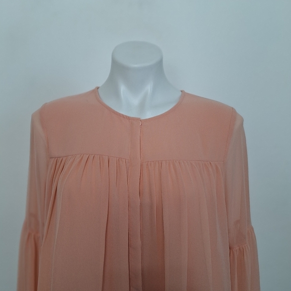 Halston Peach Chiffon Coquette Balletcore Pleated Balloon Sleeve Blouse Size S - Picture 2 of 13